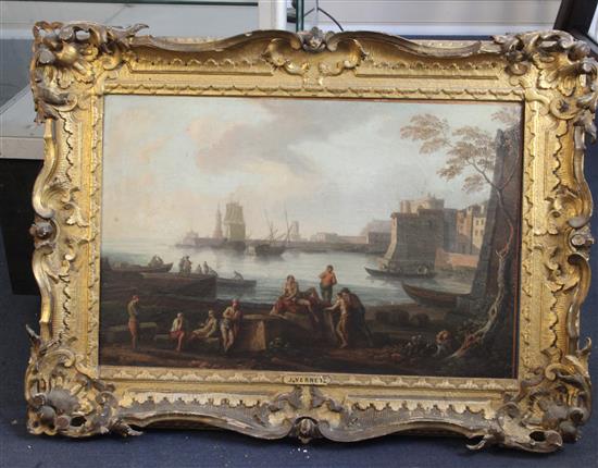 After Claude-Joseph Vernet (1714-1789) Harbour scenes with figures in the foreground 19 x 28.5in.